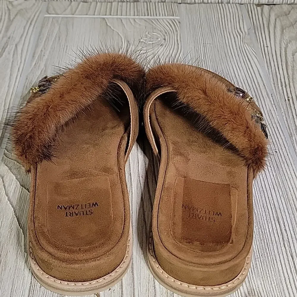 Stuart Weitzman Brown Nomedeplume Suede Mink Fur Jewel Sandal Womens 5.5 NEW